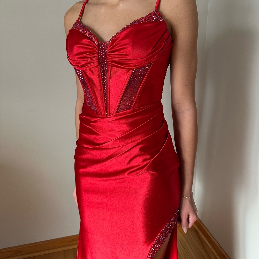 Elegant Red Satin Gown with embellished top